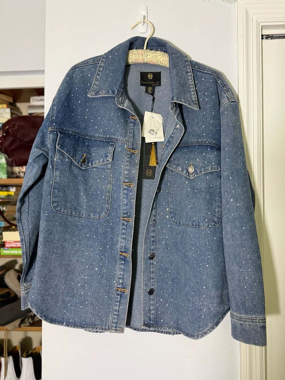 House Of Harlow 1960 Crystal Denim Jacket Size M Blue Rhinestone